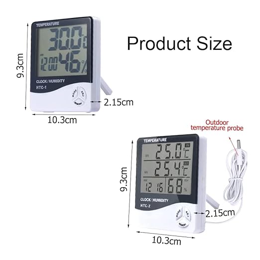 Temperature Humidity Meter,LCD Electronic Digital Outdoor/Indoor Thermometer Hygrometer with Clock Time Humidity Monitor for Home,Bedroom,Pet,Reptile,Plant,Greenhouse,Basement,Guitar (HTC-1)