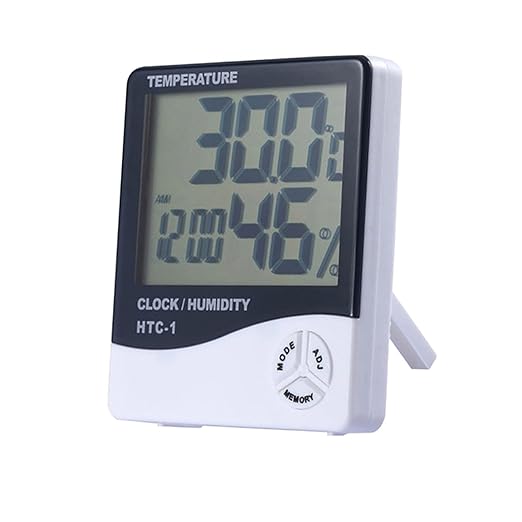 Temperature Humidity Meter,LCD Electronic Digital Outdoor/Indoor Thermometer Hygrometer with Clock Time Humidity Monitor for Home,Bedroom,Pet,Reptile,Plant,Greenhouse,Basement,Guitar (HTC-1)